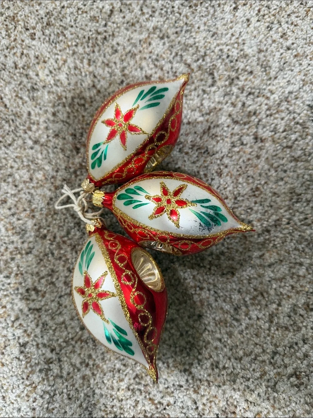 Vintage Polish Glass Christmas Ornaments Indented Reflector Red White 3PC Set